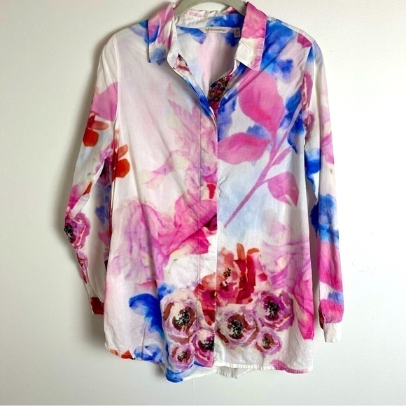 Soft Surroundings Aquarelle Watercolor Floral Embroidered Button Down Shirt - Picture 1 of 12